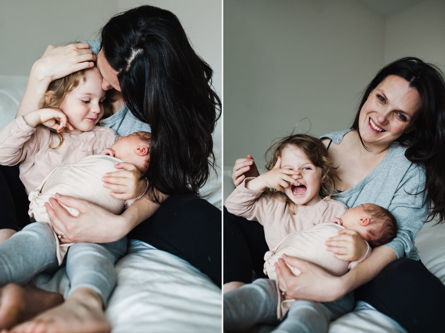 Two photos of mom laughing on the bed with toddler and swaddled newborn
