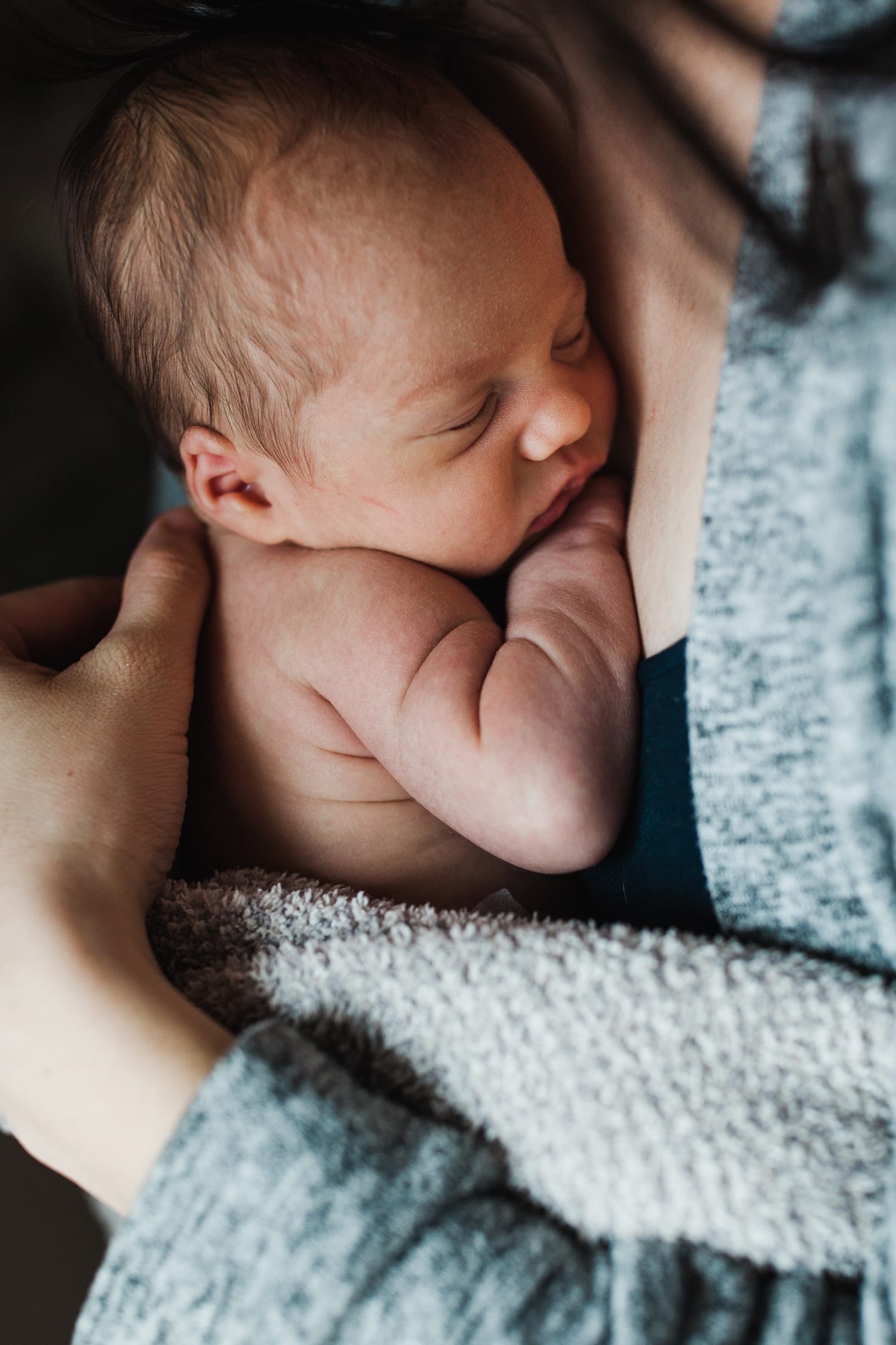 Sleeping newborn curled against mom's chest, cradled in her hand