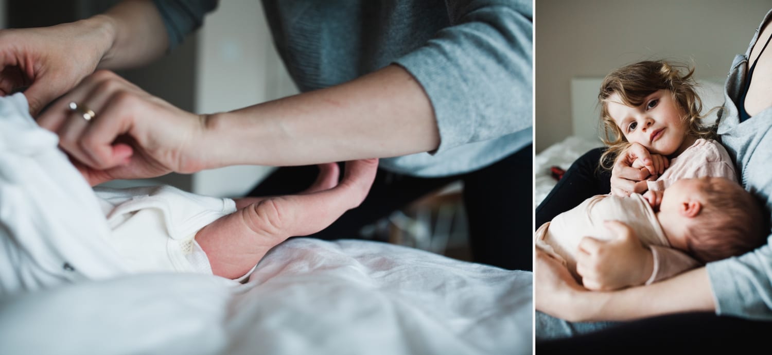 Two photos: hands dressing the newborn, and toddler cuddling beside the baby