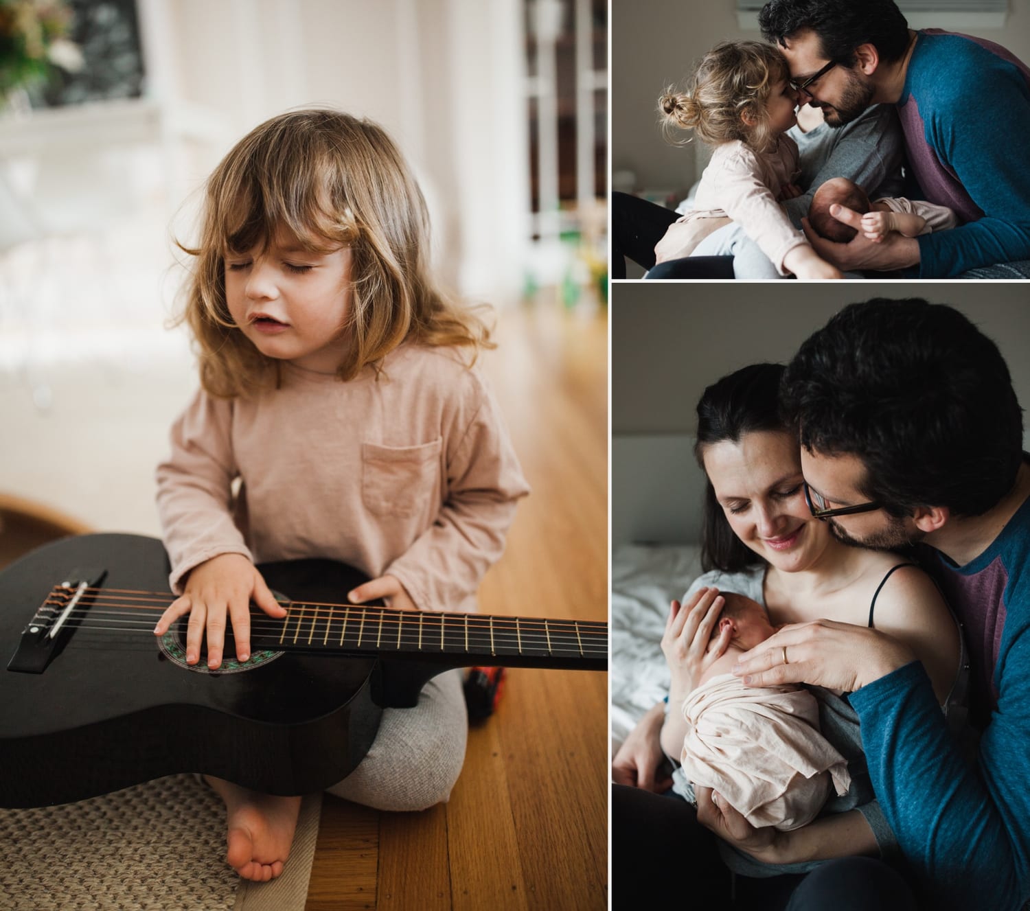 Three photos: toddler strums a guitar, dad snuggles both kids, parents cradle newborn