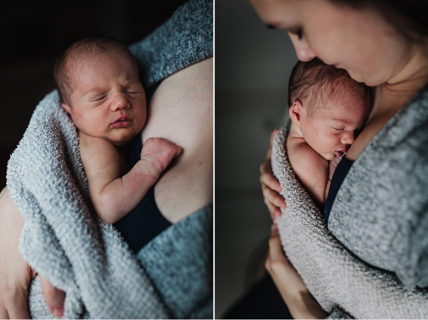 Two close-ups of the newborn snuggled in a gray blanket at mom's chest