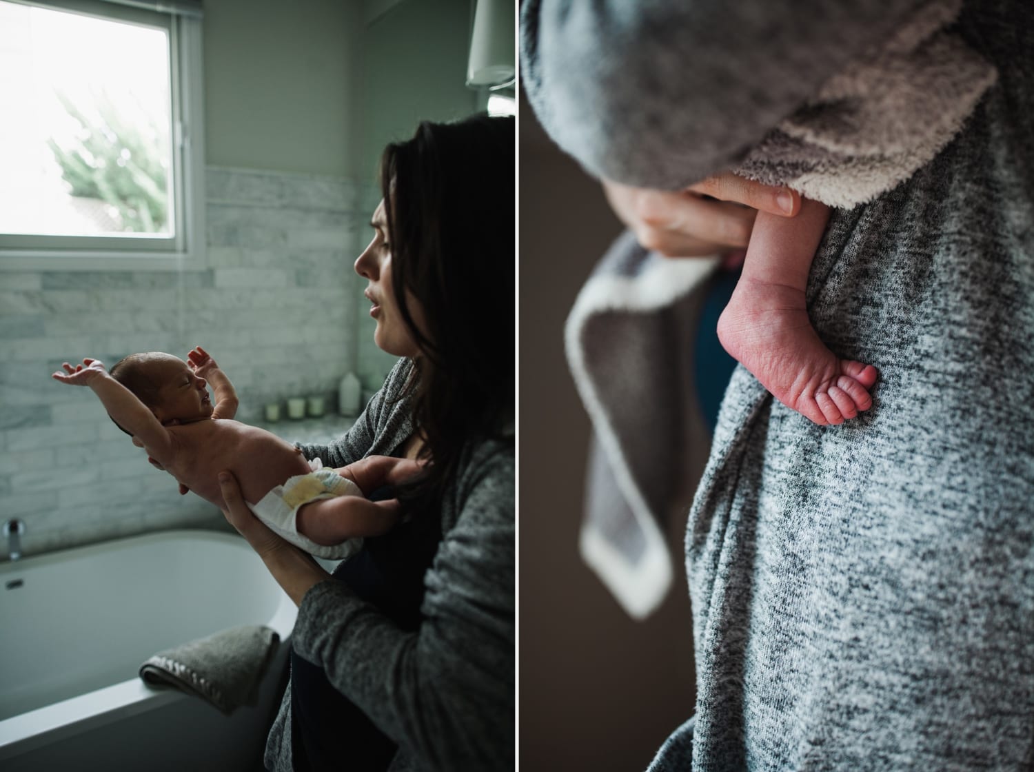 Two photos: mom holds stretching newborn by the bathtub, and a tiny foot close-up