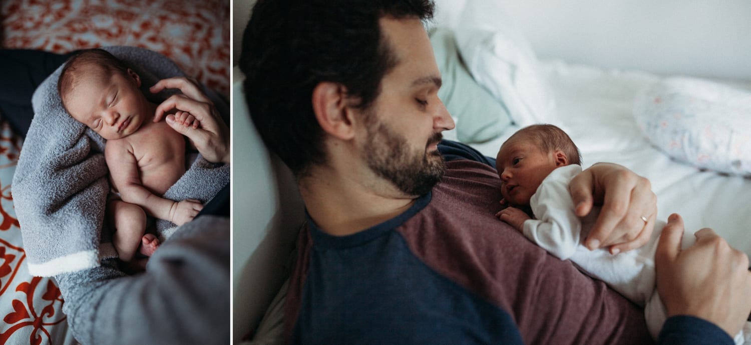 Two photos: swaddled newborn asleep, and dad reclining with wide-awake baby on chest