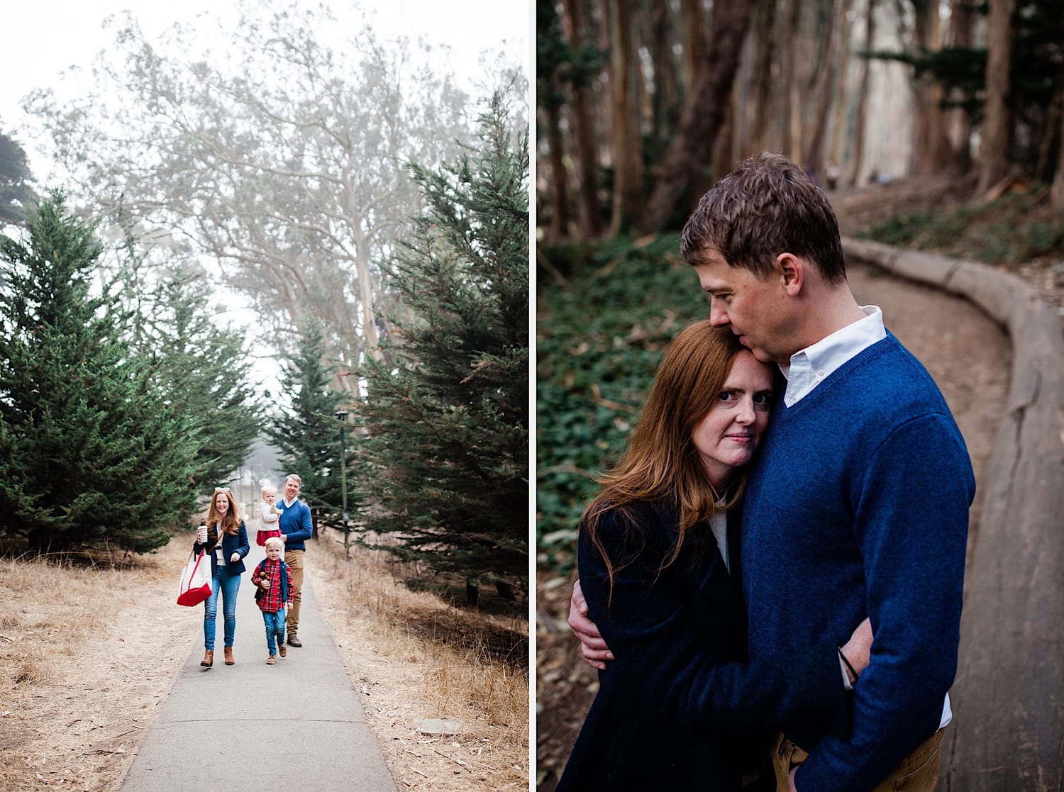 Family walking a foggy tree-lined path, and parents embracing among eucalyptus trees