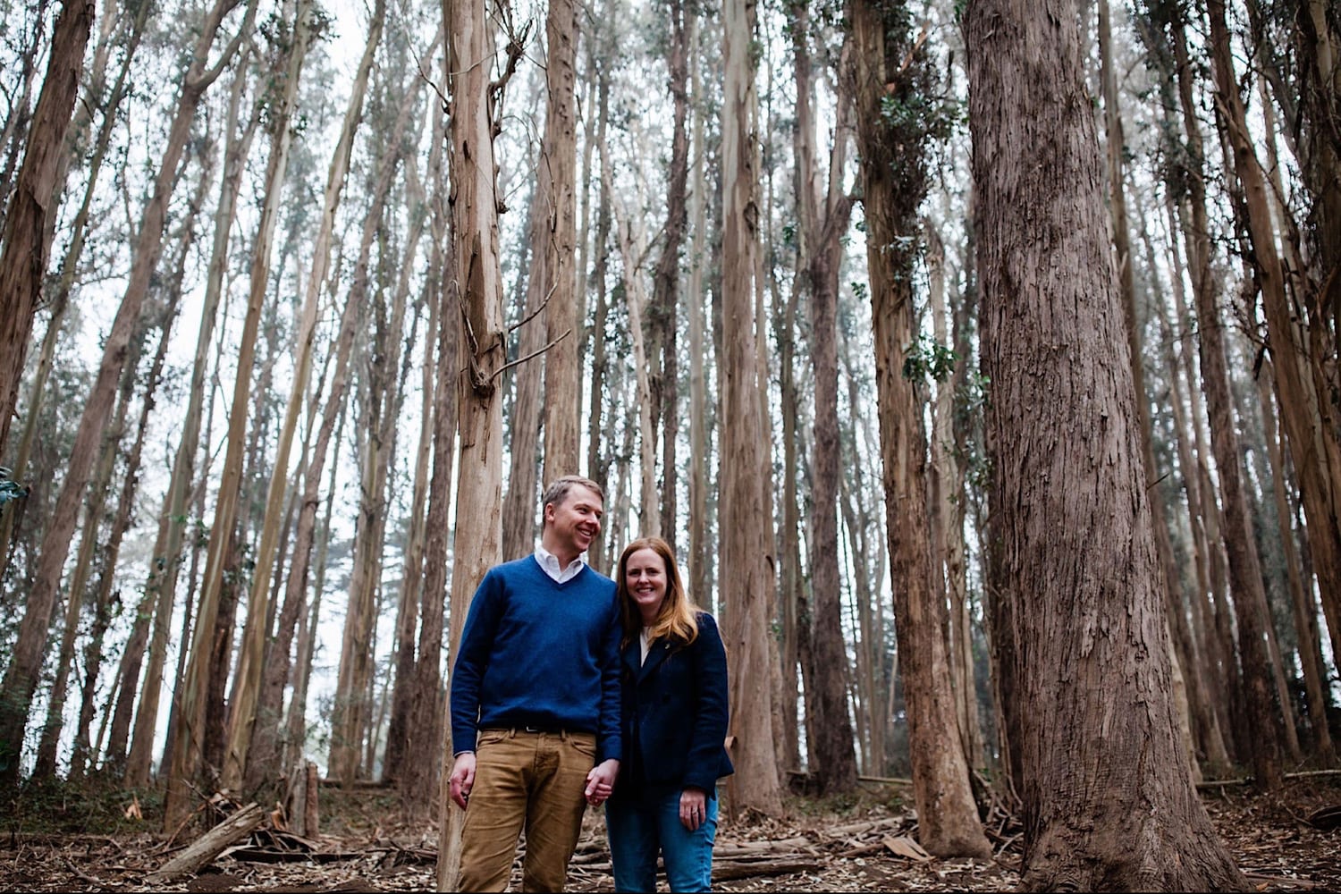 Mom and dad hold hands beneath towering eucalyptus trees on Lovers Lane