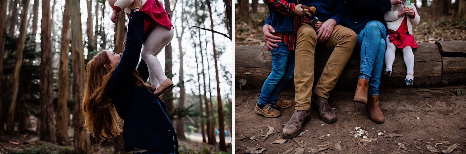 Mom lifts toddler overhead; close-up of the family's boots on a log