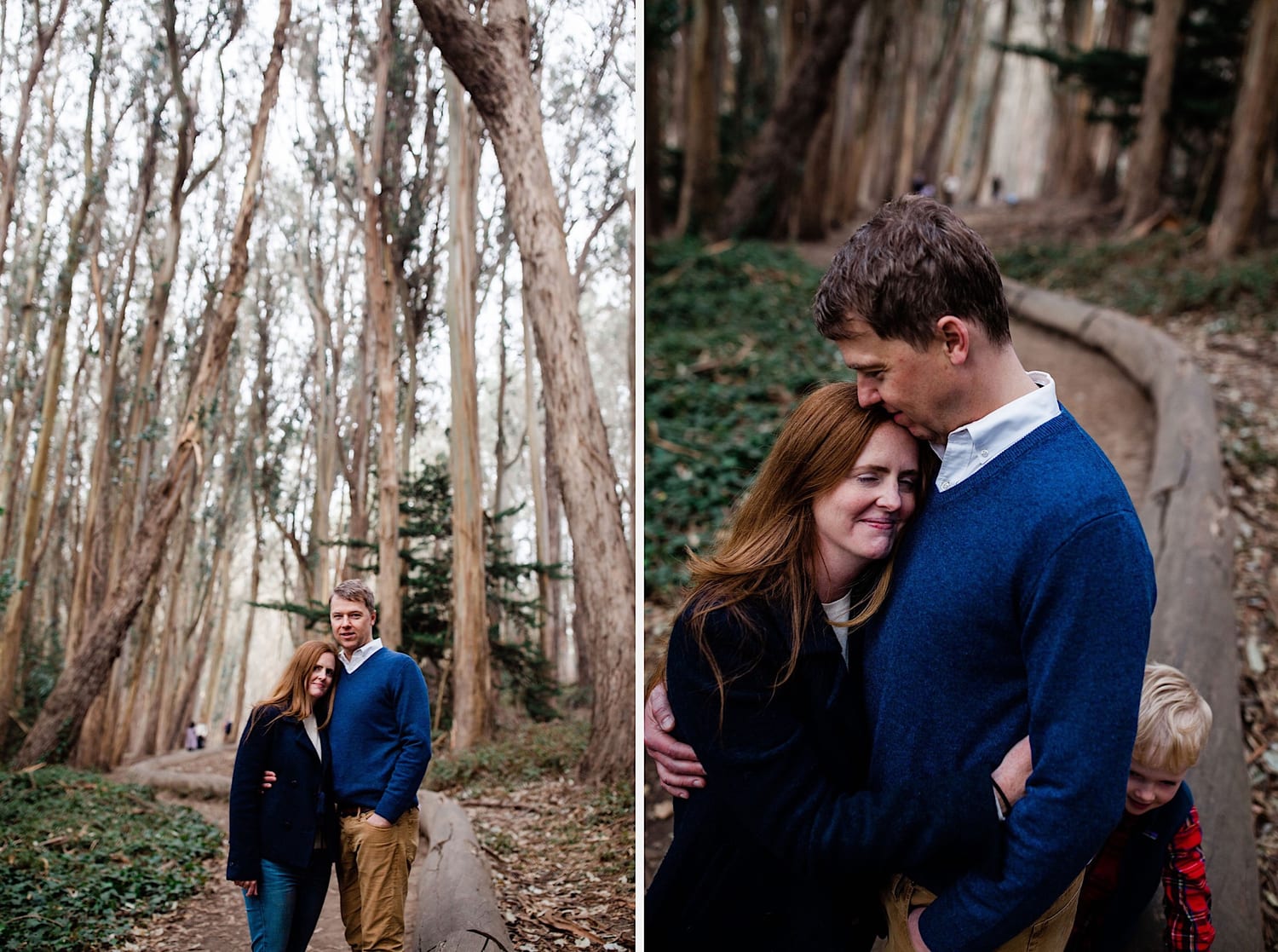 Parents on a foggy path, then embracing as their son peeks behind