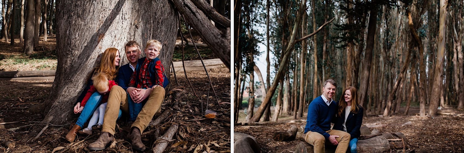 Family snuggled at a tree base, and parents seated on a log together