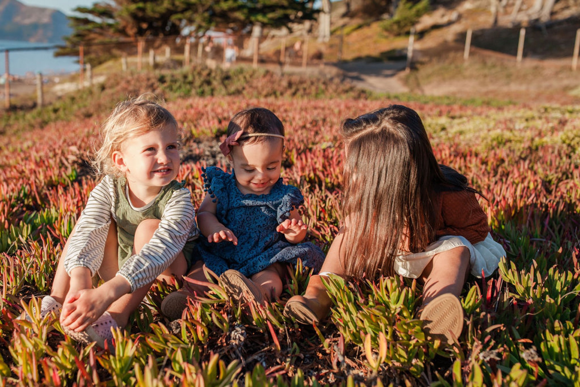 Three young girls crouch together in a vibrant iceplant field, their relaxed postures and genuine smiles suggesting easy companionship on a sunny coastal day