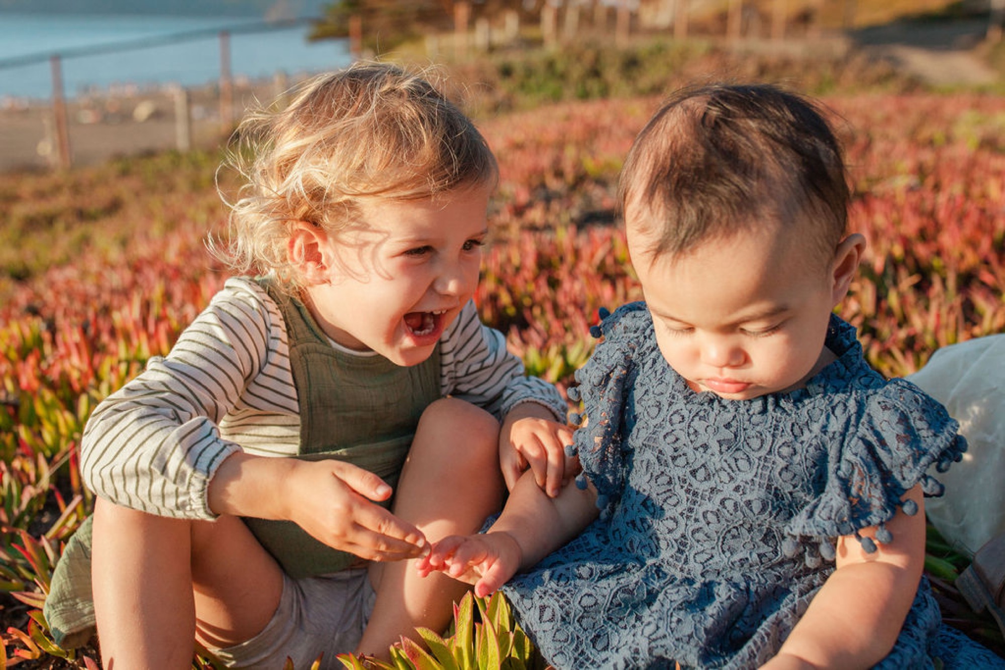 Two toddlers sit together in a vibrant wildflower field, the older child laughing with open-mouthed joy while examining a flower stem with the younger child