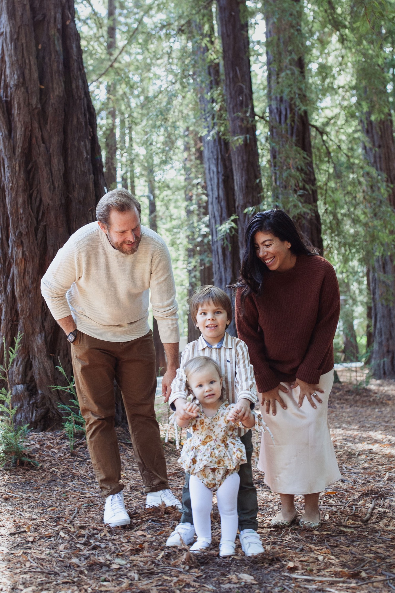 Two adults and two young children walk hand-in-hand on a shaded forest path lined with towering redwoods, dappled sunlight filtering through the canopy