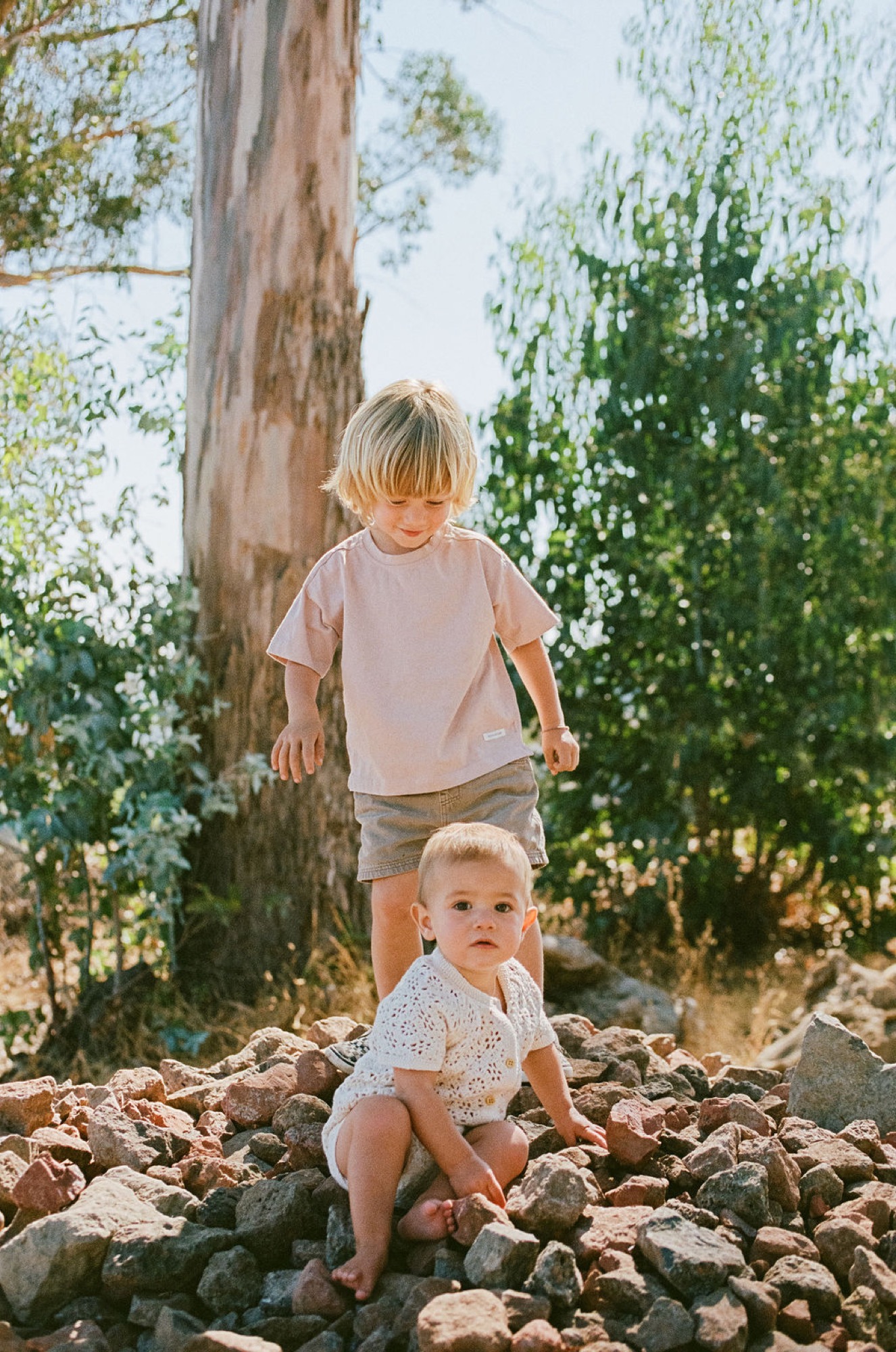 Two young children explore a rocky streambed beneath a towering eucalyptus tree, surrounded by hanging willow branches in dappled afternoon light