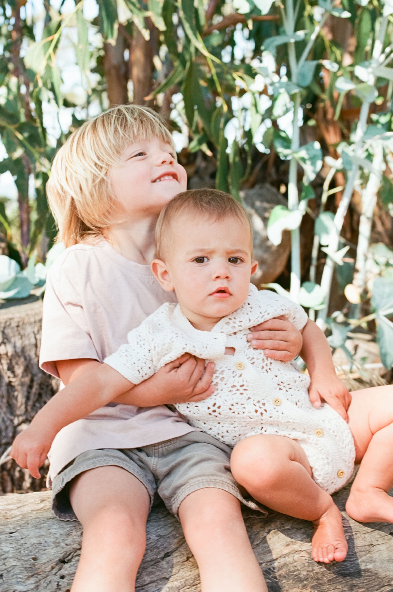 Two young siblings sit together beneath hanging white flowers, the older child gazing upward while cradling the younger in dappled sunlight