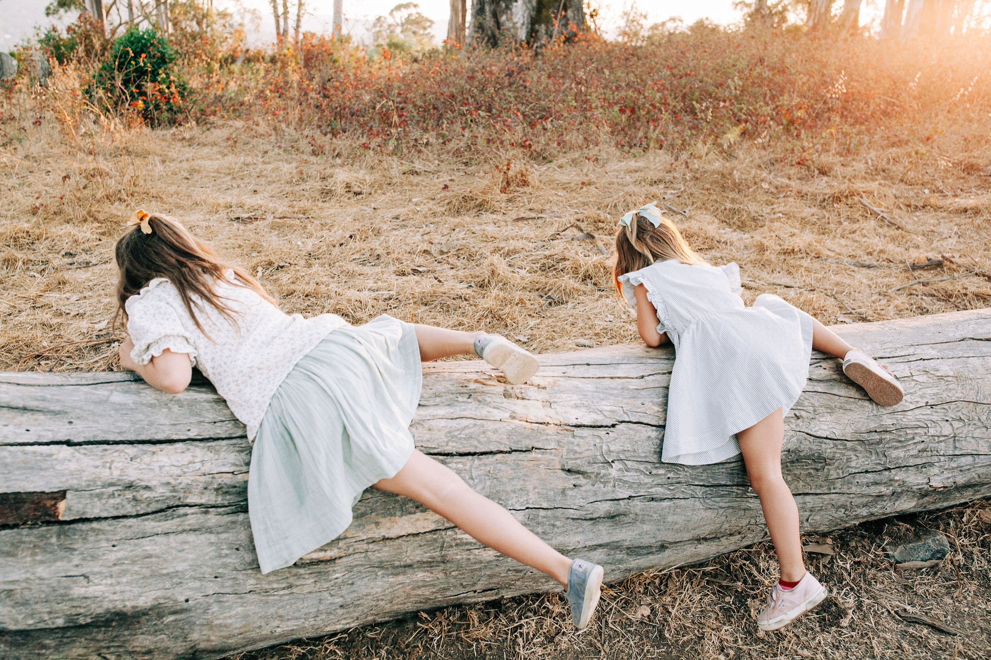 Two children in white shirts playfully balance on a weathered log, golden hour light casting long shadows across the dry hillside