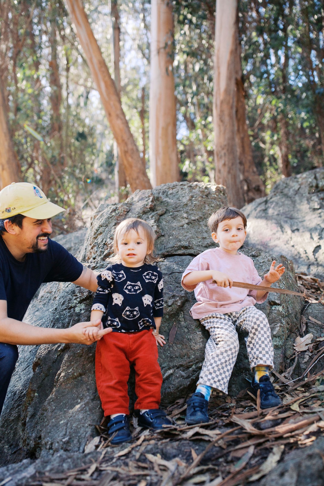 A father in a yellow cap steadies two toddlers sitting on a large boulder surrounded by eucalyptus trees, their small figures framed against weathered gray stone
