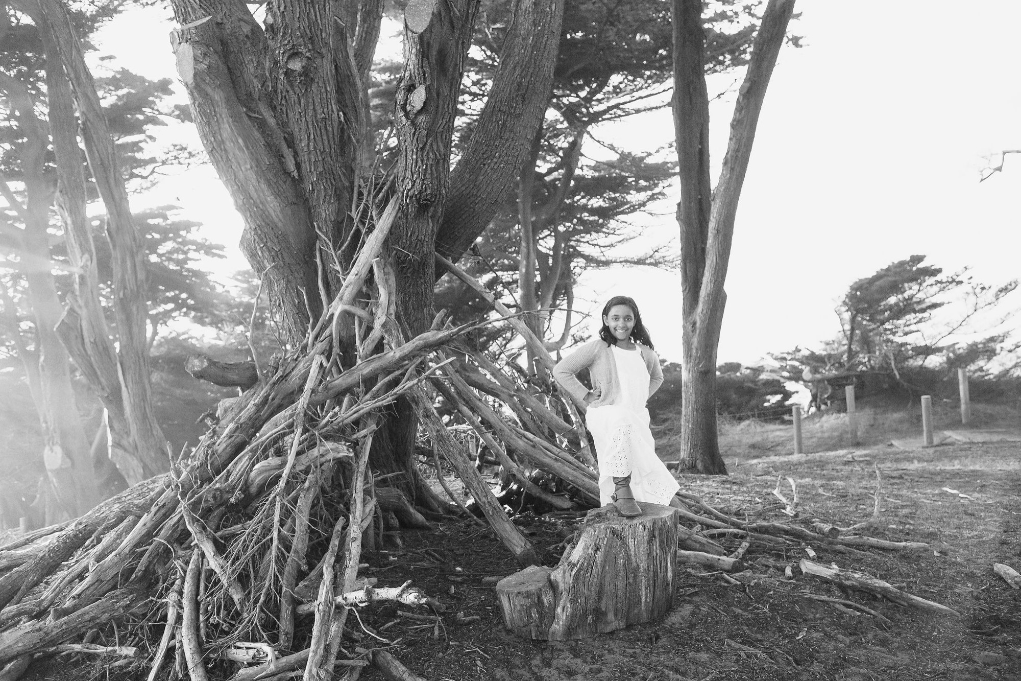 Woman in white dress poses confidently beside massive cypress tree roots, her hand on hip, wind-swept hair catching soft overcast light