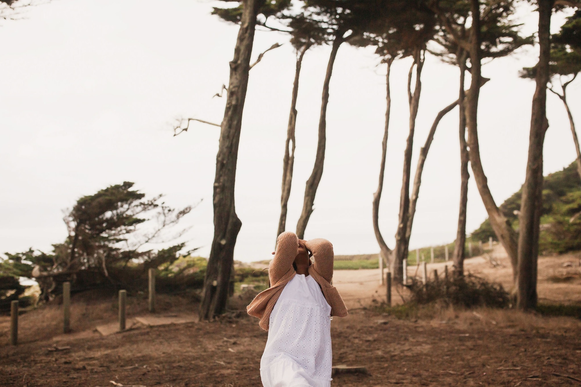 A woman in a white dress and tan hat stands alone among windswept cypress trees, her back to camera, gazing across the coastal landscape