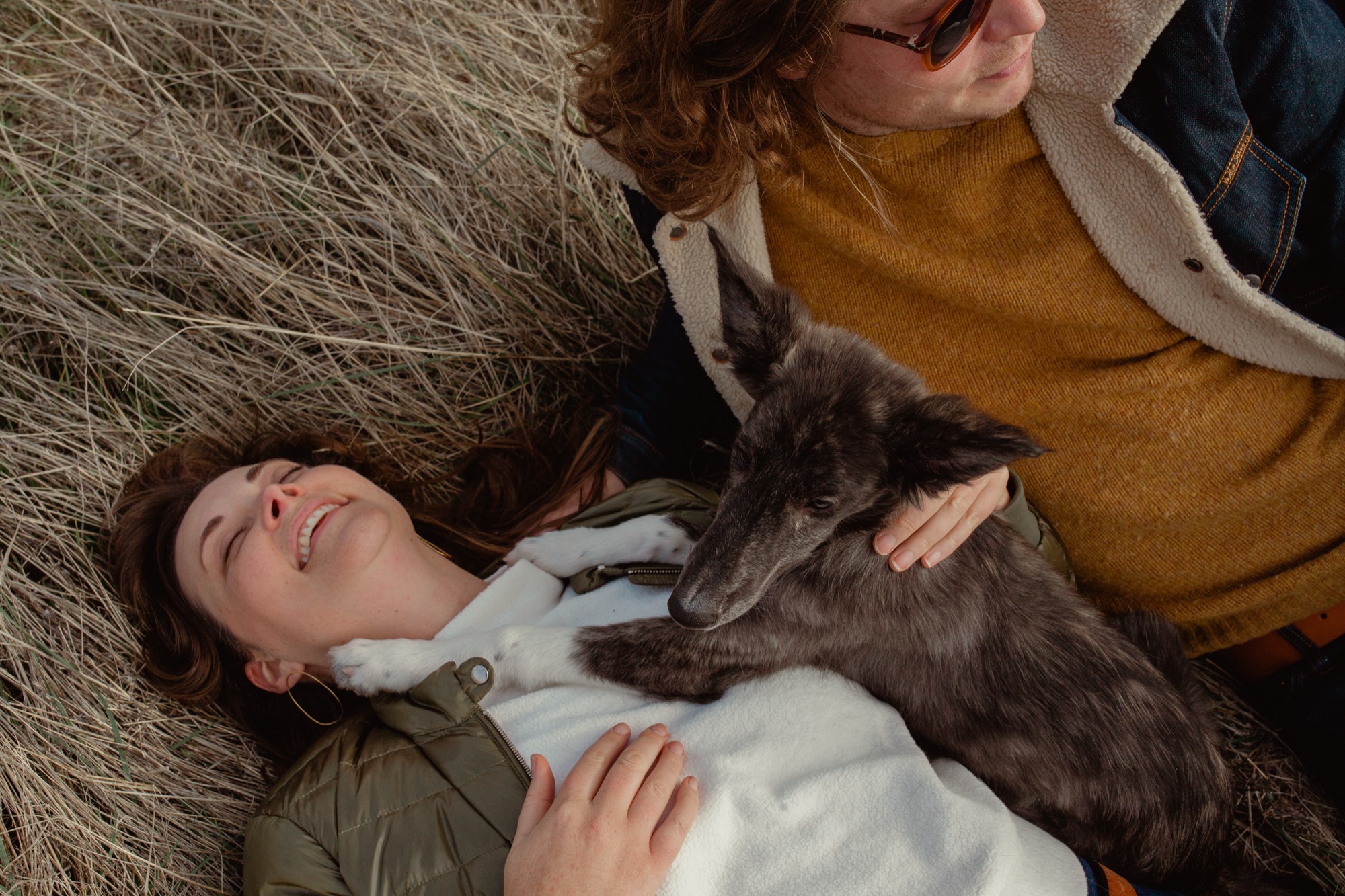 Two people lie laughing on dry grass while a gray dog stands between them, sunlight catching their joyful expressions