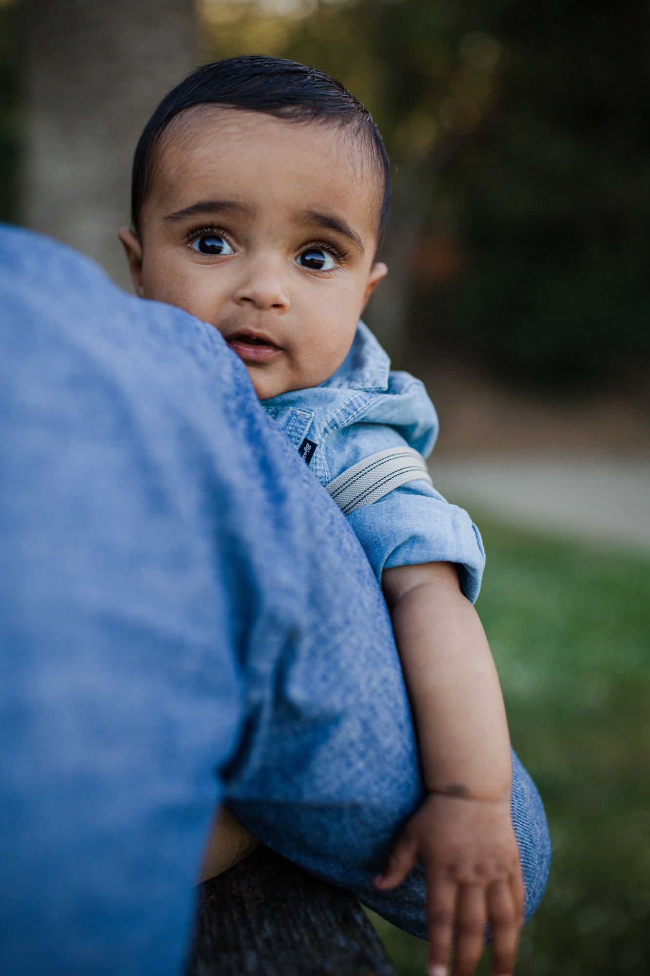 A toddler with wide, curious eyes looks over his shoulder from a parent's arms in soft outdoor light