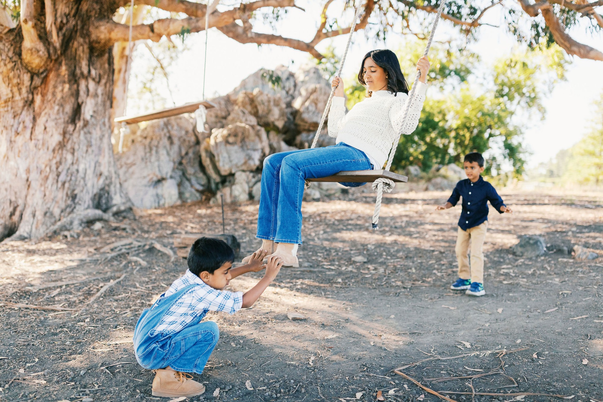 Marin family photographer captures a heartwarming childhood moment as a boy gives his sister a push on a rope swing hanging from an ancient tree, while their little cousin plays nearby — natural light outdoor family photography in Marin County.