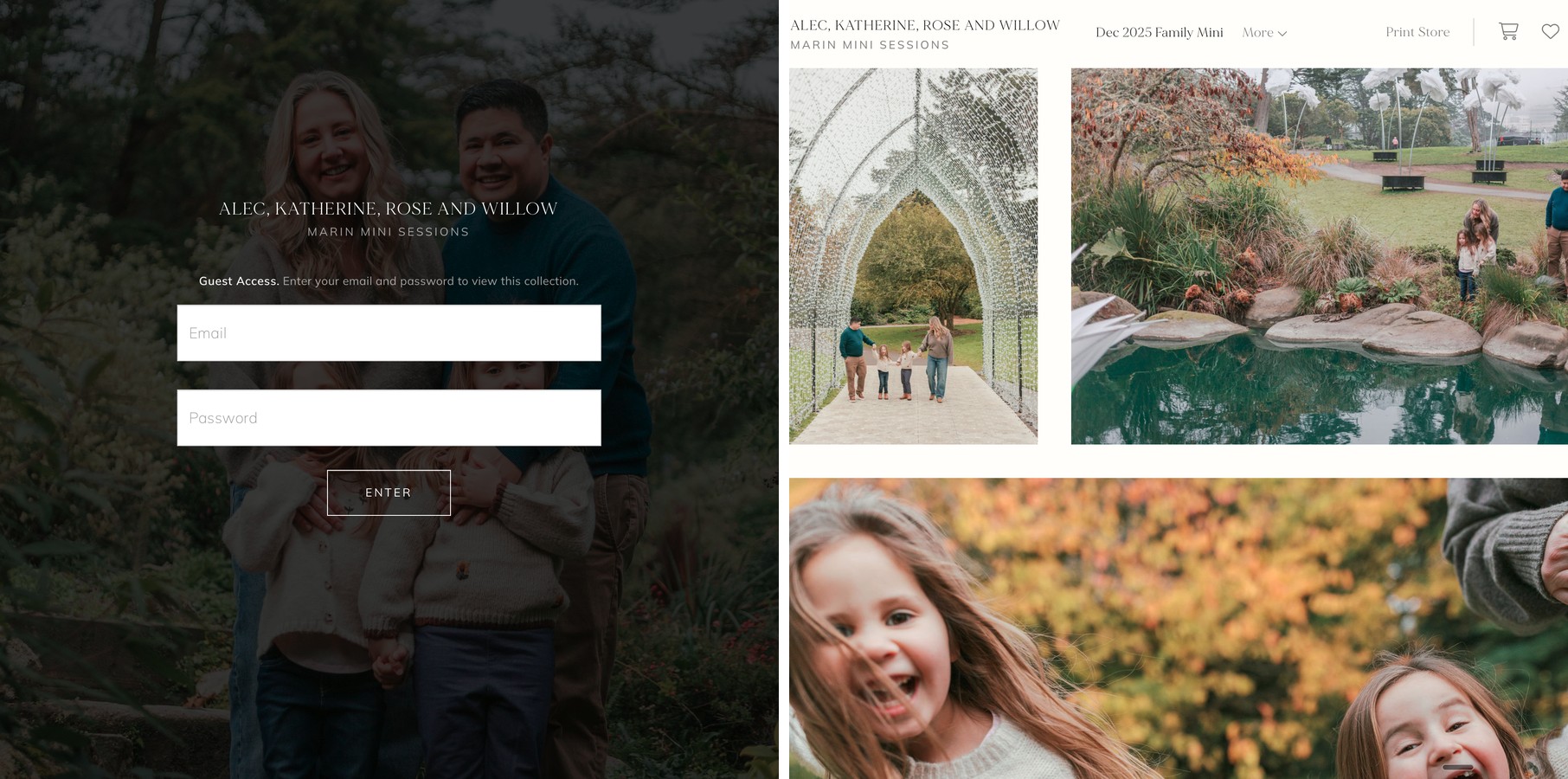 A private, password-protected online gallery next to a preview of the real photos inside