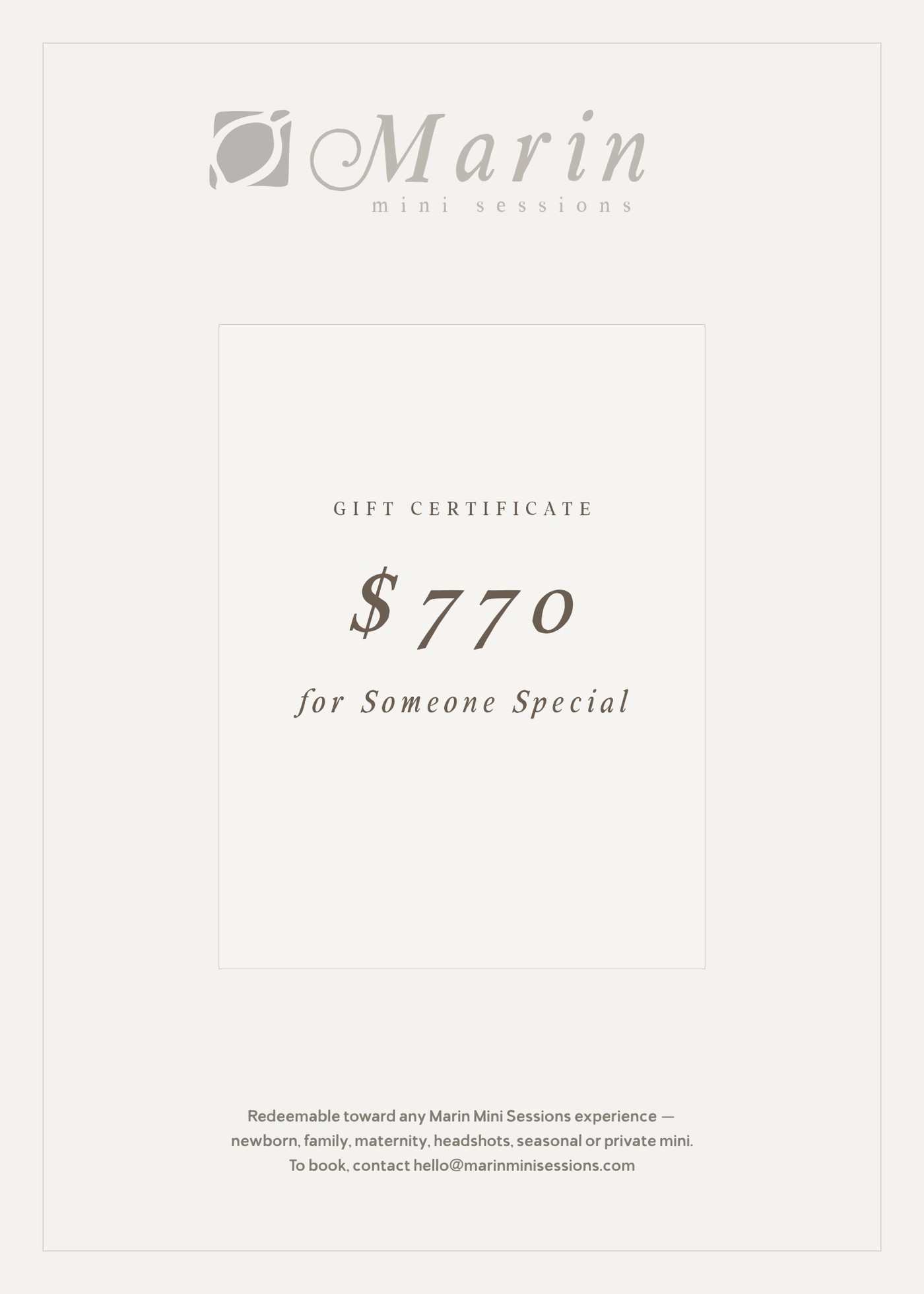 A Marin Mini Sessions gift certificate showing the amount and a personalized note, with the brand logo and wordmark