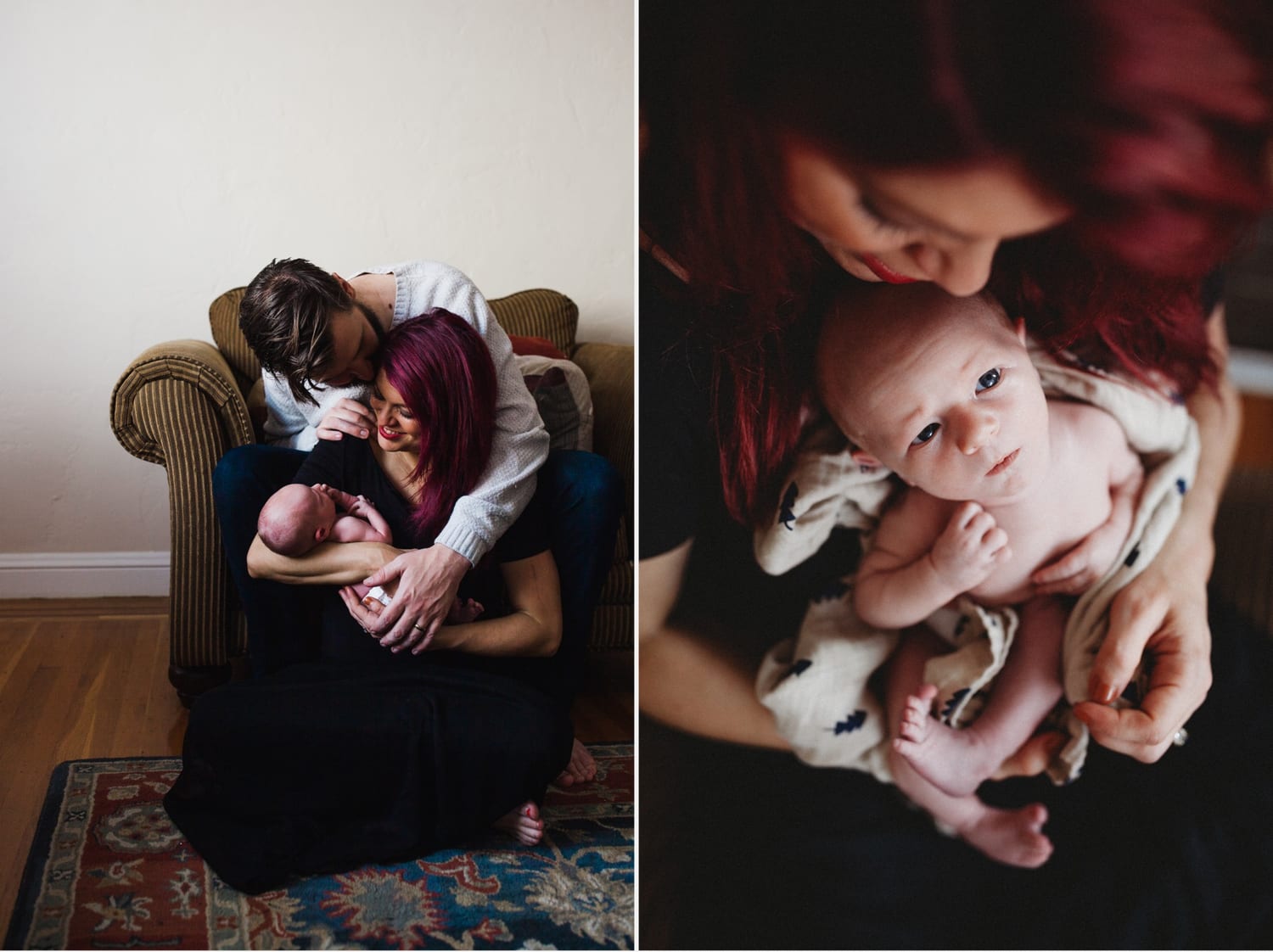 New parents snuggle close as mom cradles their newborn