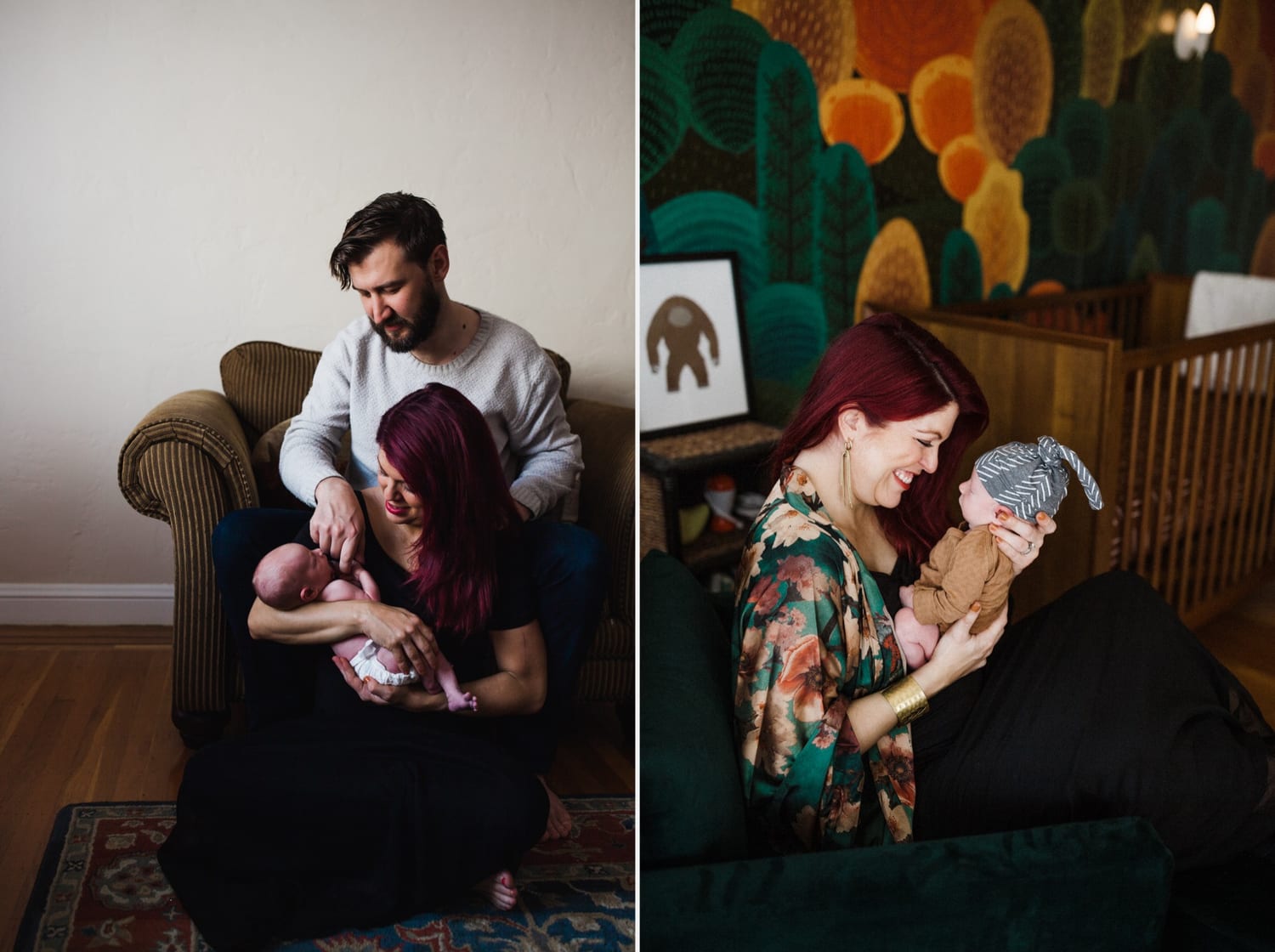 Dad watches mom cradle the baby, and mom smiles at newborn in nursery