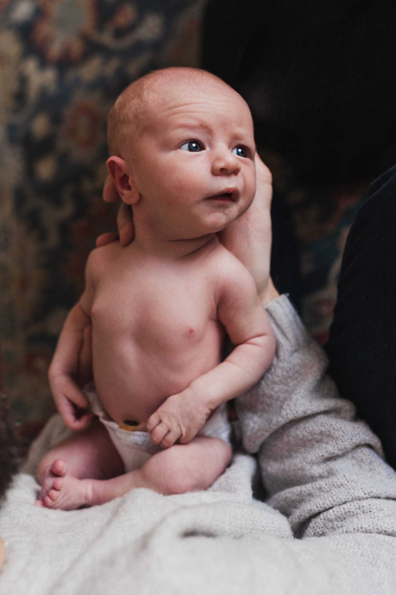 Bright-eyed newborn propped upright on a parent's lap, gazing to the side