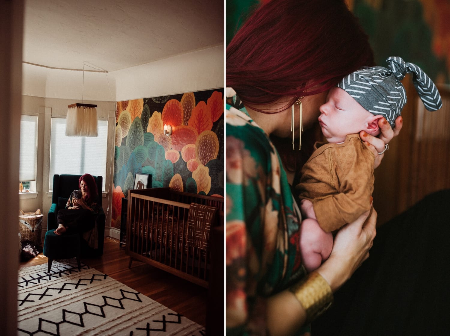 Mom cuddles her newborn in the nursery chair, then kisses baby's head
