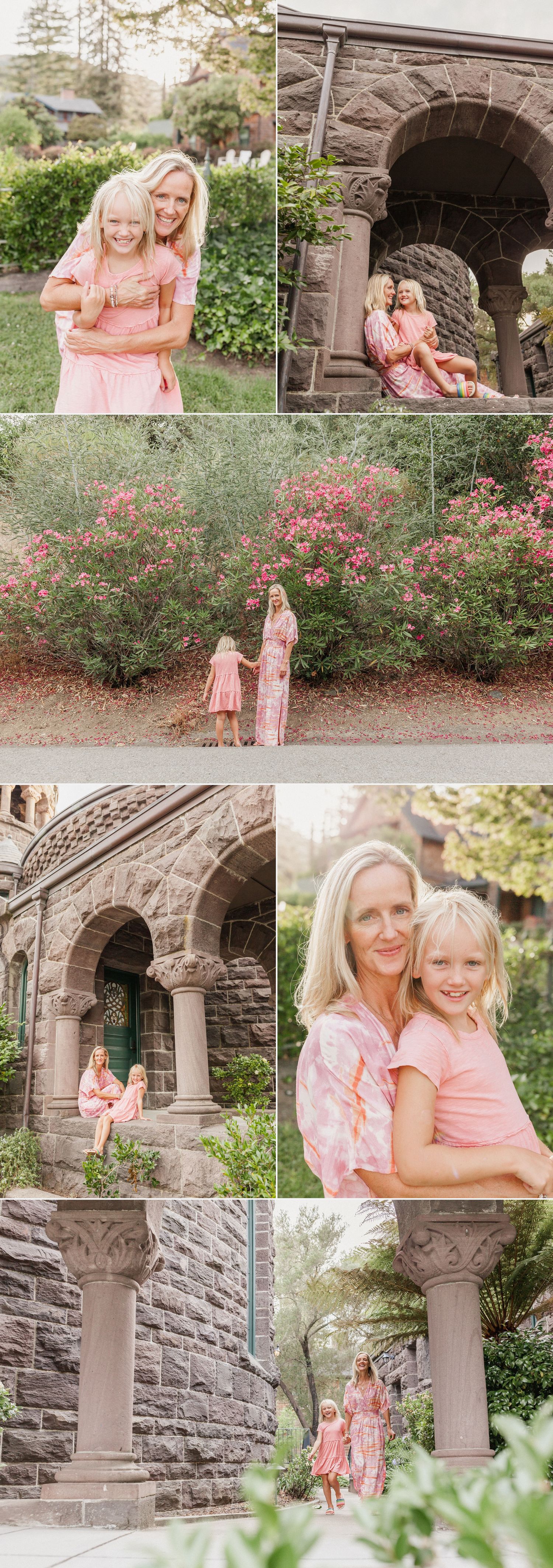 San Anselmo mini session with mom and daughter in greenery and historic building backdrop