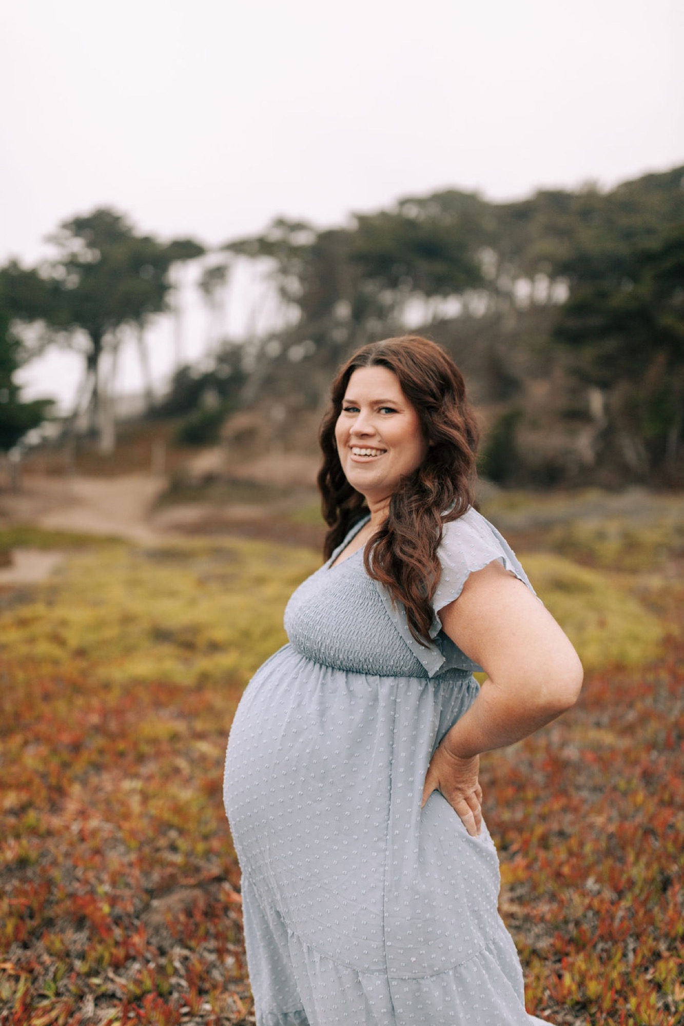 Pregnant woman in a light blue dress smiles over her shoulder toward the camera in an open wildflower field with forested hills and water behind her