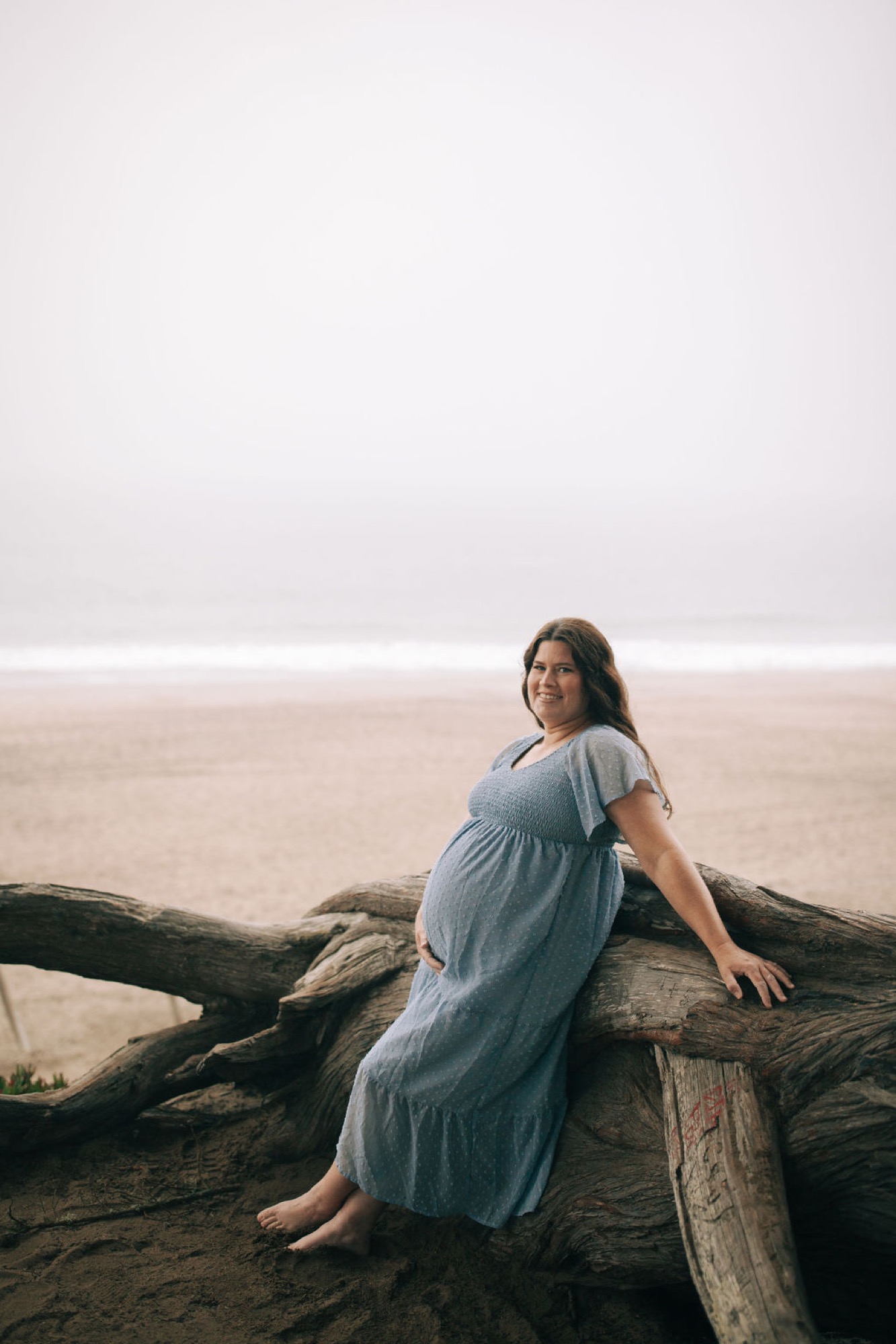 Pregnant woman in dusty blue dress reclines against weathered driftwood, gazing toward camera with serene expression against misty beach horizon