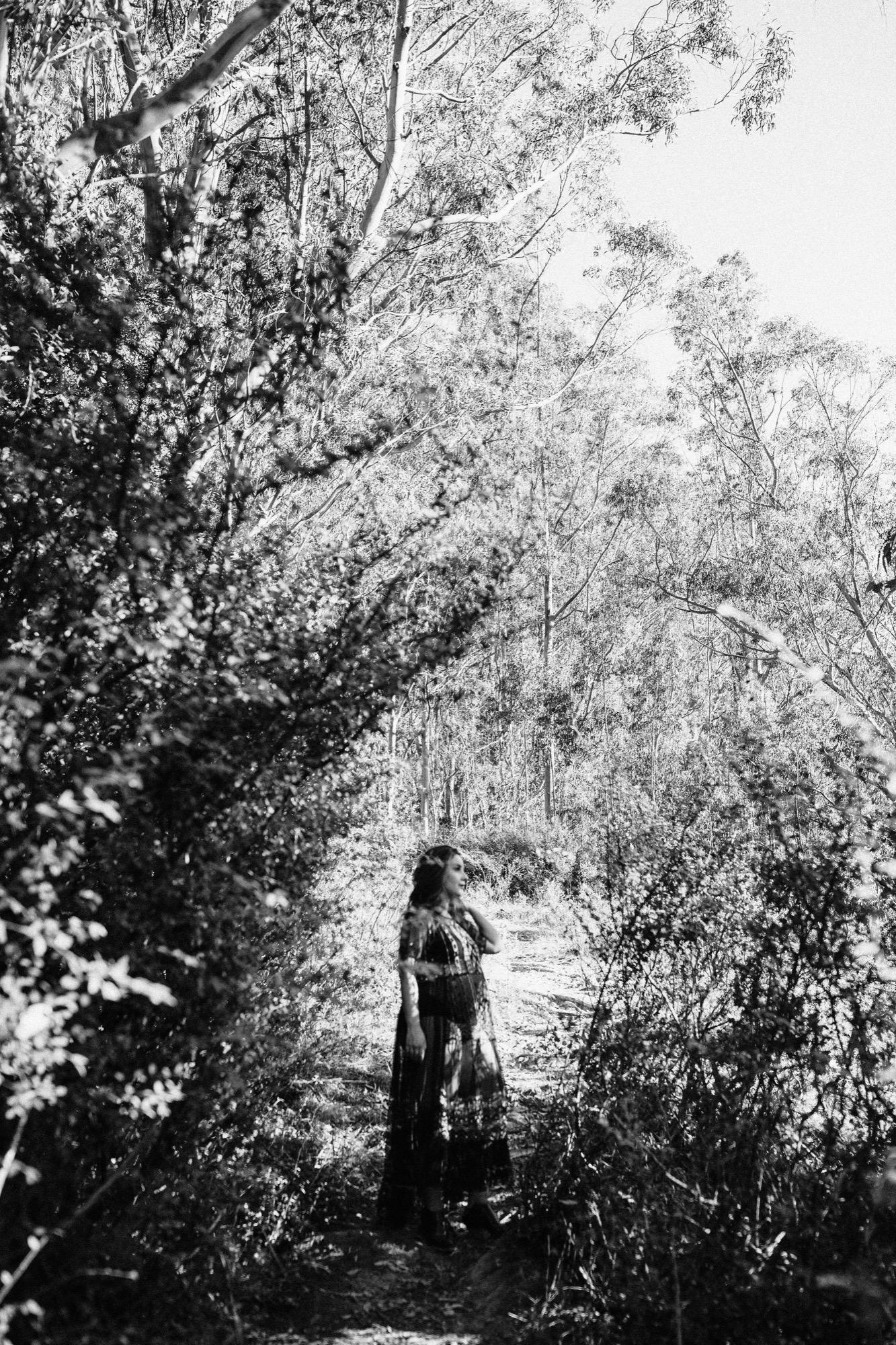 A woman in a flowing dress stands contemplatively on a narrow forest path, surrounded by dense eucalyptus trees filtering dappled light through delicate foliage