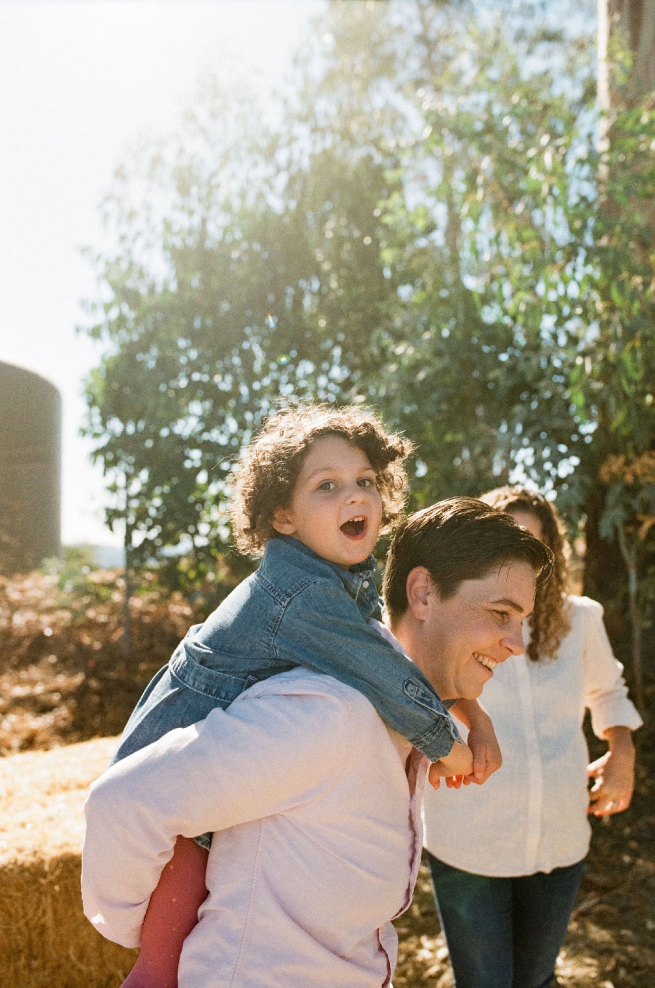 An adult carries a delighted toddler on their shoulders along a sunlit path, sprawling oak trees and golden hillside creating a warm, natural backdrop