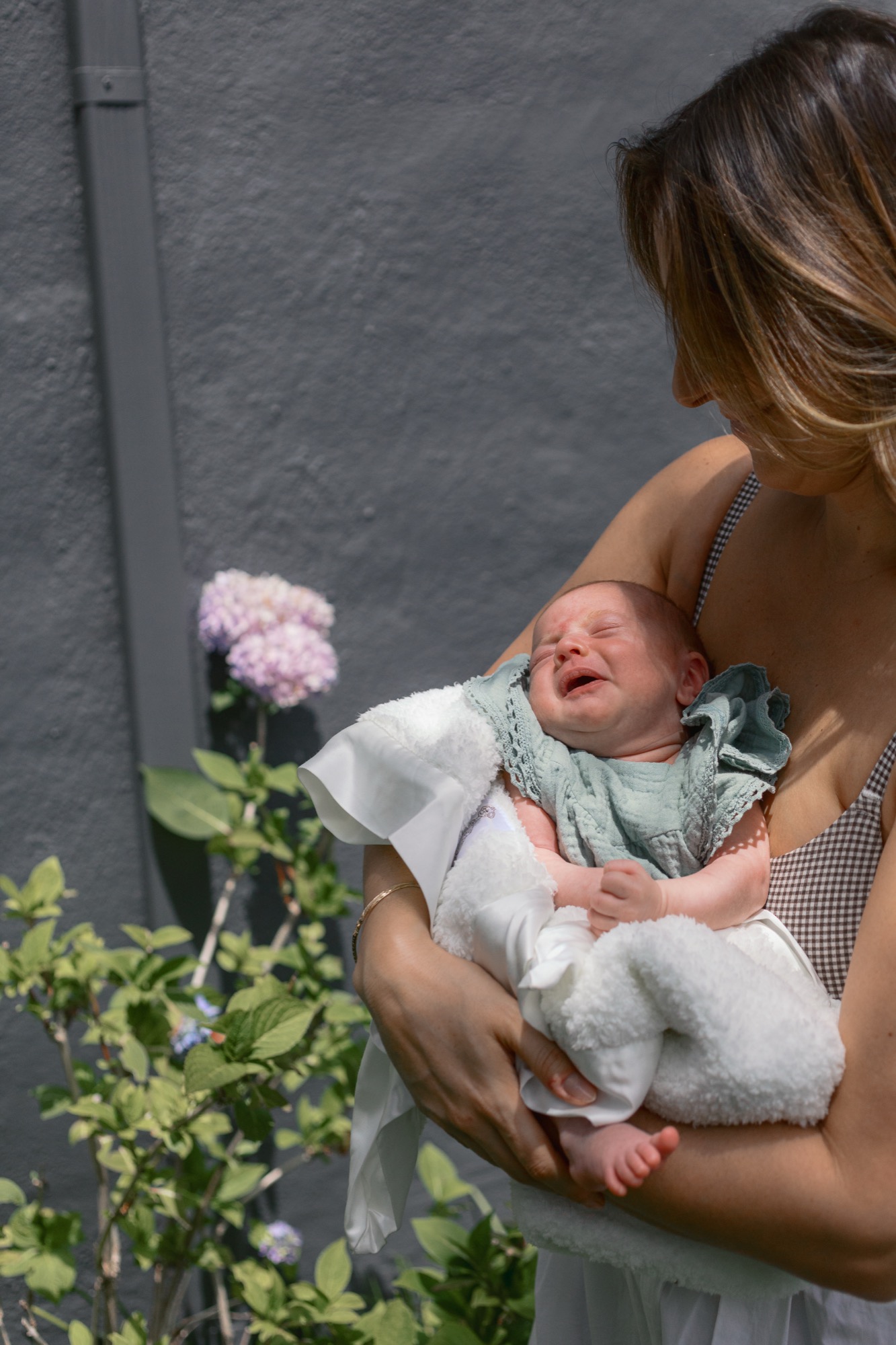 A tender and honest moment from a lifestyle newborn session in Marin County — baby Gwen fusses in her mama's arms while surrounded by blooming hydrangeas in their home garden, captured by a Marin newborn photographer who specializes in real, lifestyle family stories. This is early motherhood in its most beautiful, unscripted form.