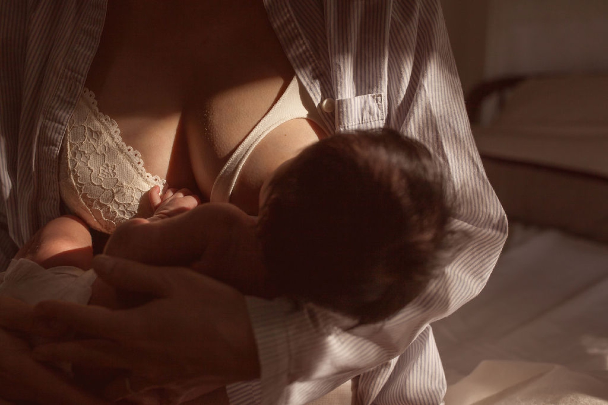 A newborn nestled against a parent's chest, swaddled in soft fabric, bathed in warm golden sunlight filtering through a window