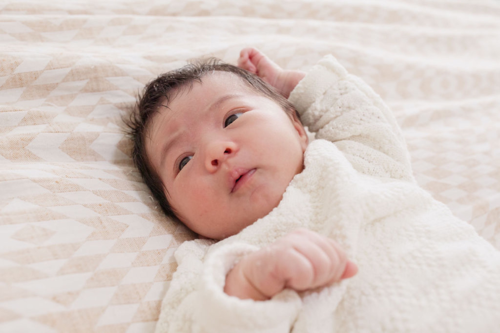 Newborn swaddled in cream knit gazes upward with alert, curious expression against soft patterned bedding