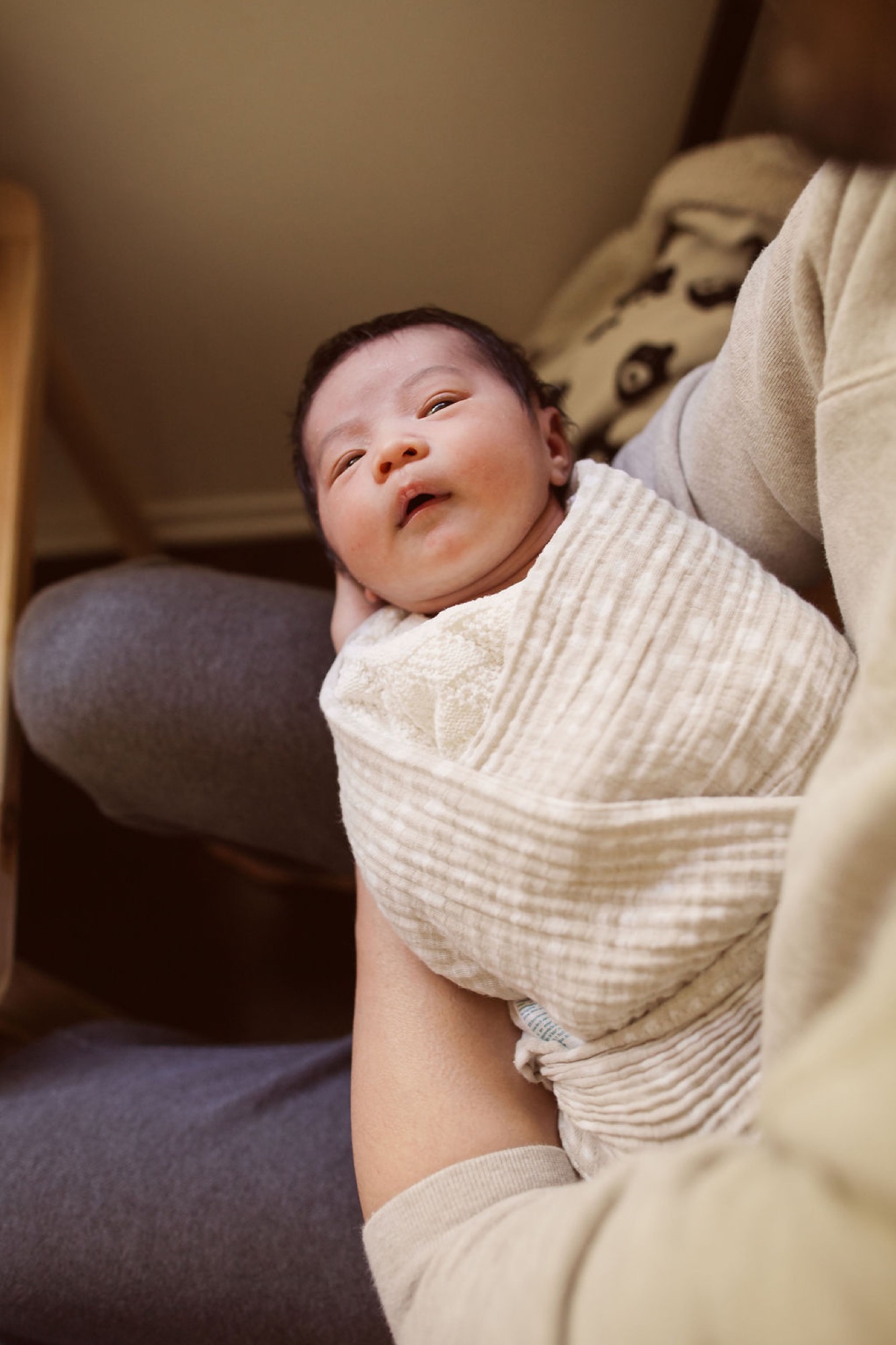 Newborn swaddled in cream muslin gazes upward while cradled in parent's arms, soft window light illuminating peaceful expression