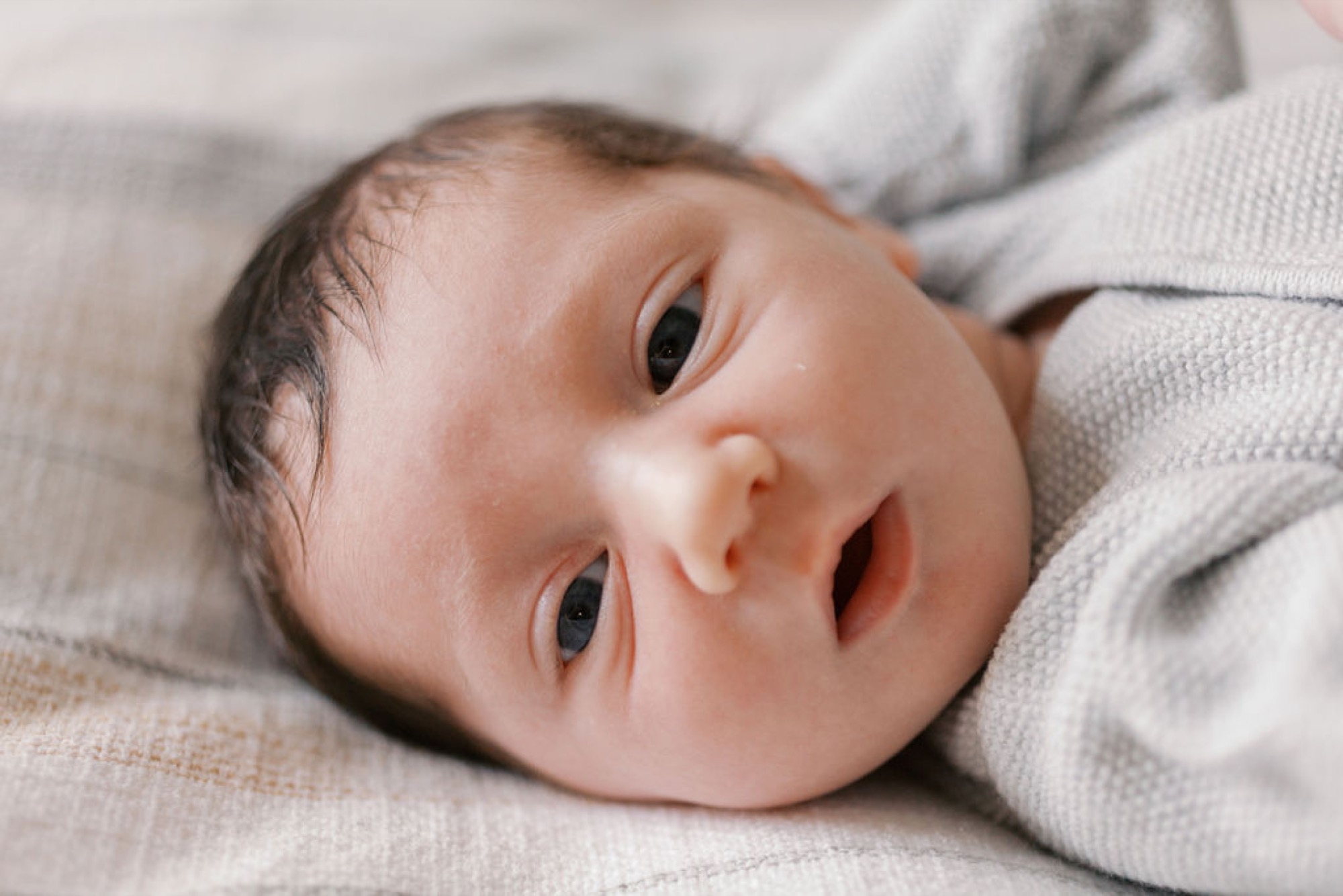 Newborn gazes directly at camera with wide, alert eyes while swaddled in soft gray knit fabric on a neutral linen surface