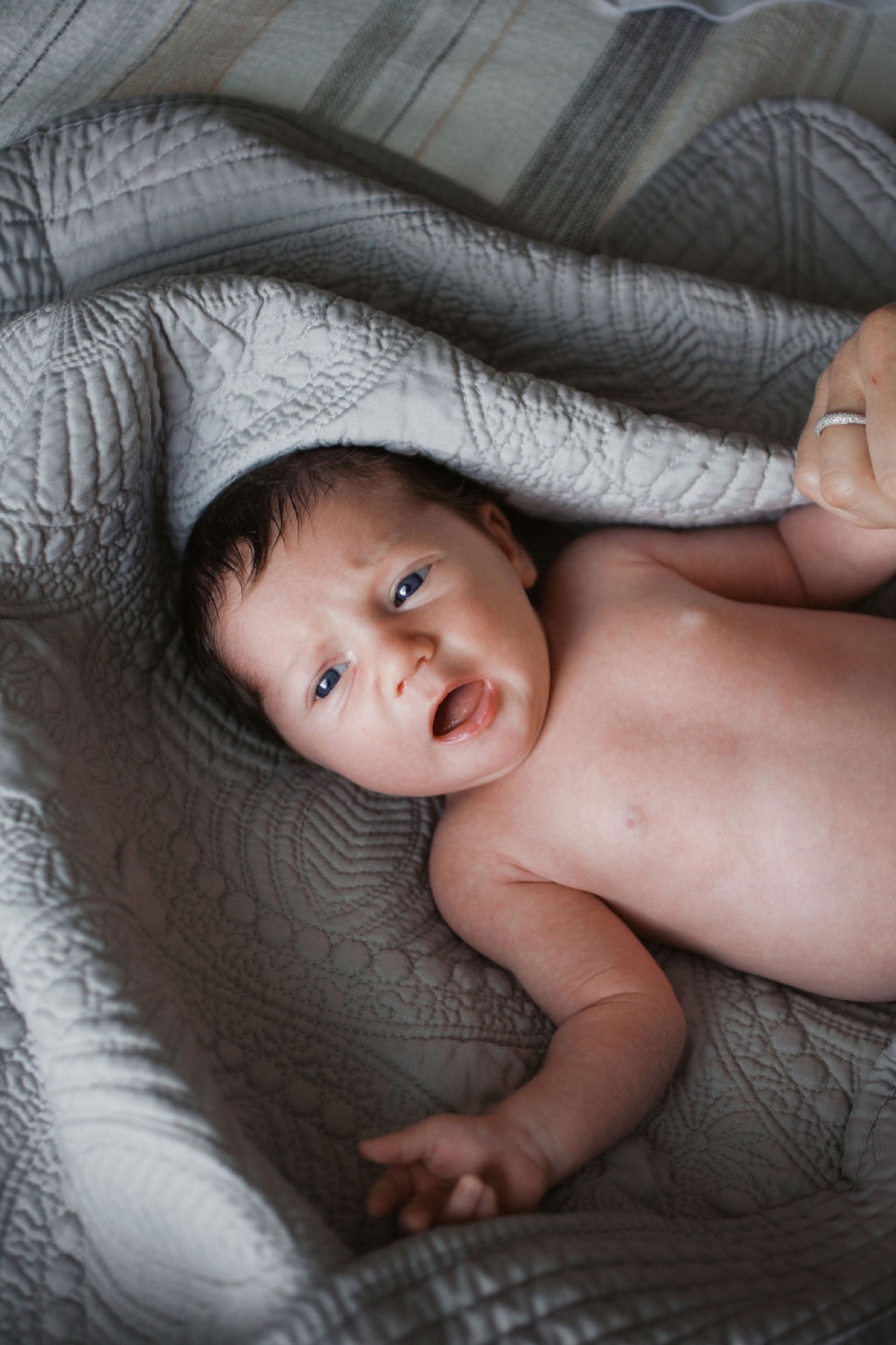 Newborn gazes upward with wide alert eyes while cradled in parent's arms against textured gray bedding