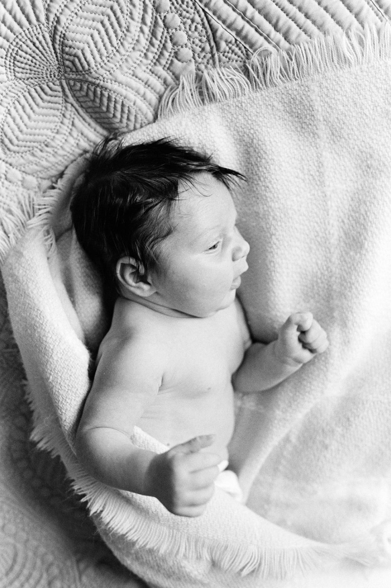 Newborn in profile sleeps peacefully nested in quilted blankets, dark hair catching soft overhead light against white textured fabrics