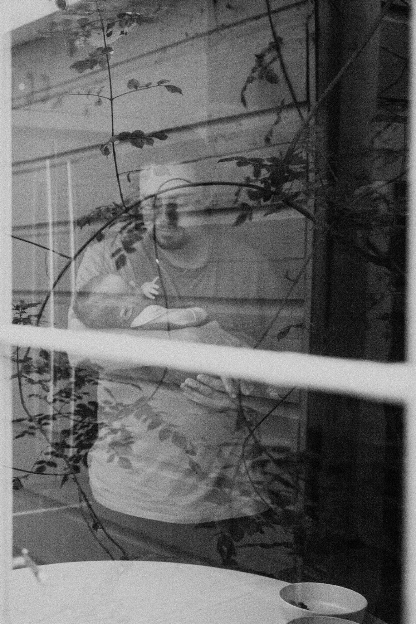 A newborn sleeps peacefully in a white bassinet beside a window, framed by hanging vines and filtered natural light