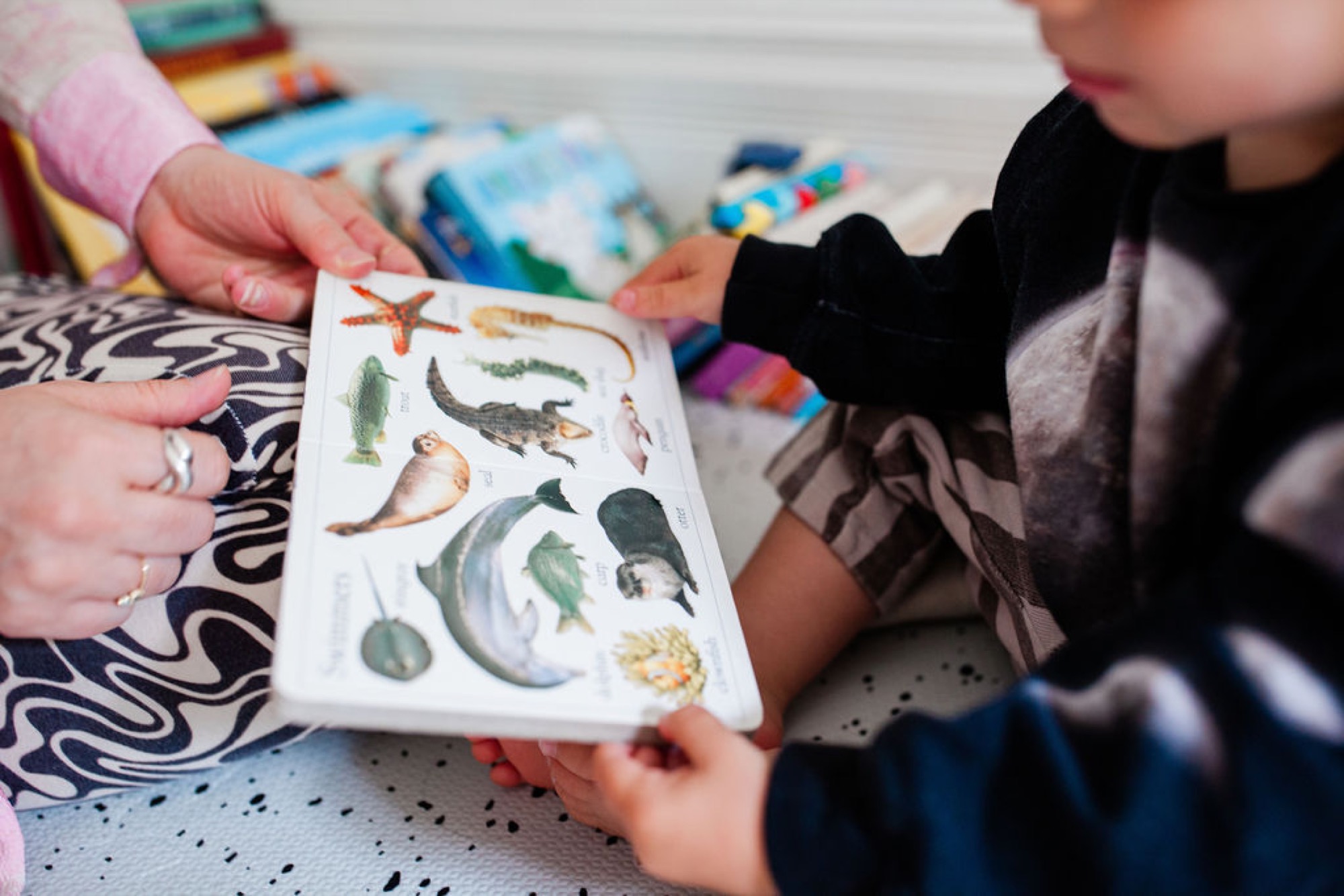 Two children's hands point to illustrated fish and wildlife in an open picture book during an indoor creative activity