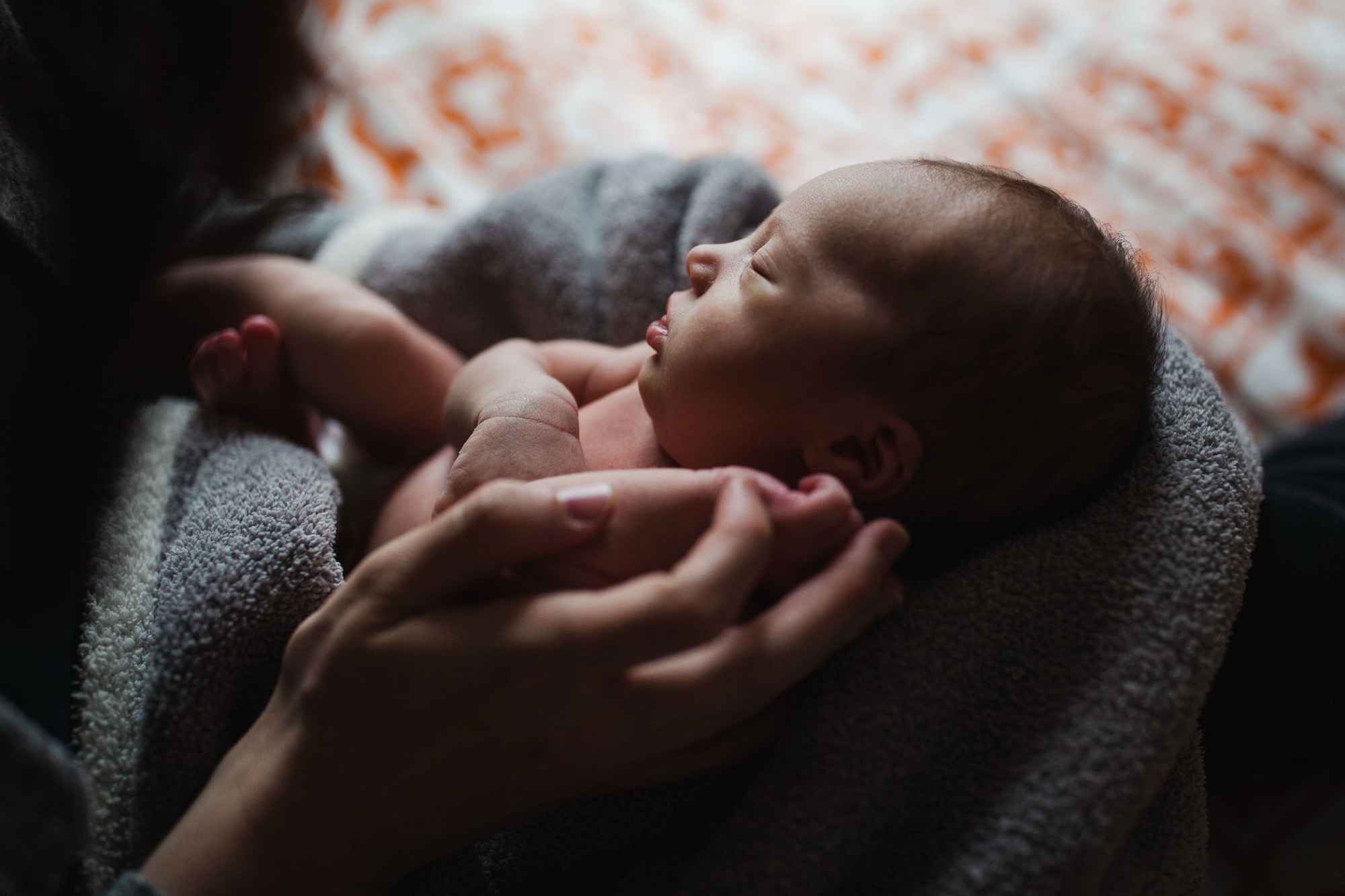 Newborn swaddled in soft gray wrap rests peacefully in parent's gentle hands, bathed in warm natural window light