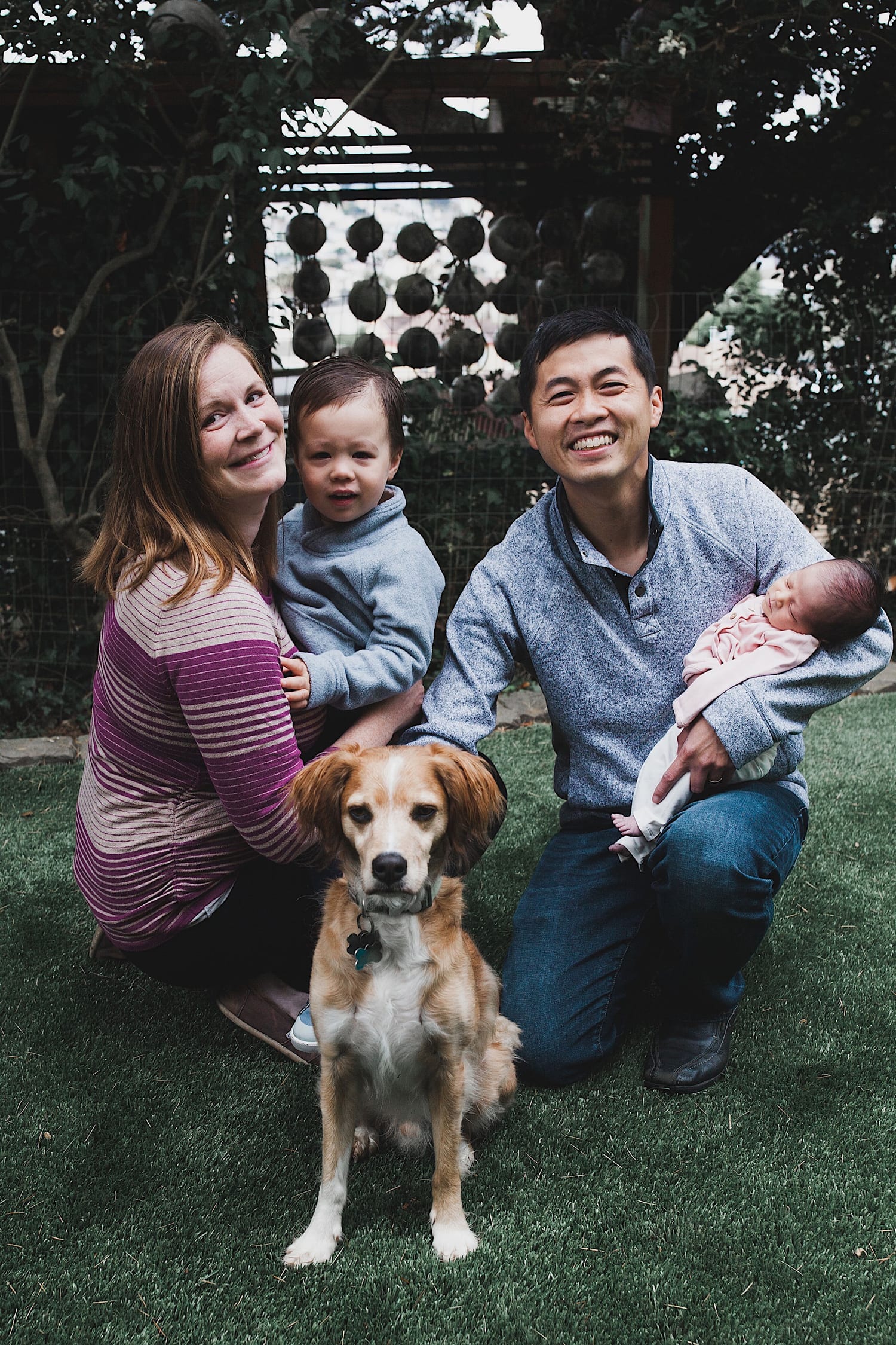 Mom and dad hold toddler and newborn beside their dog in the backyard